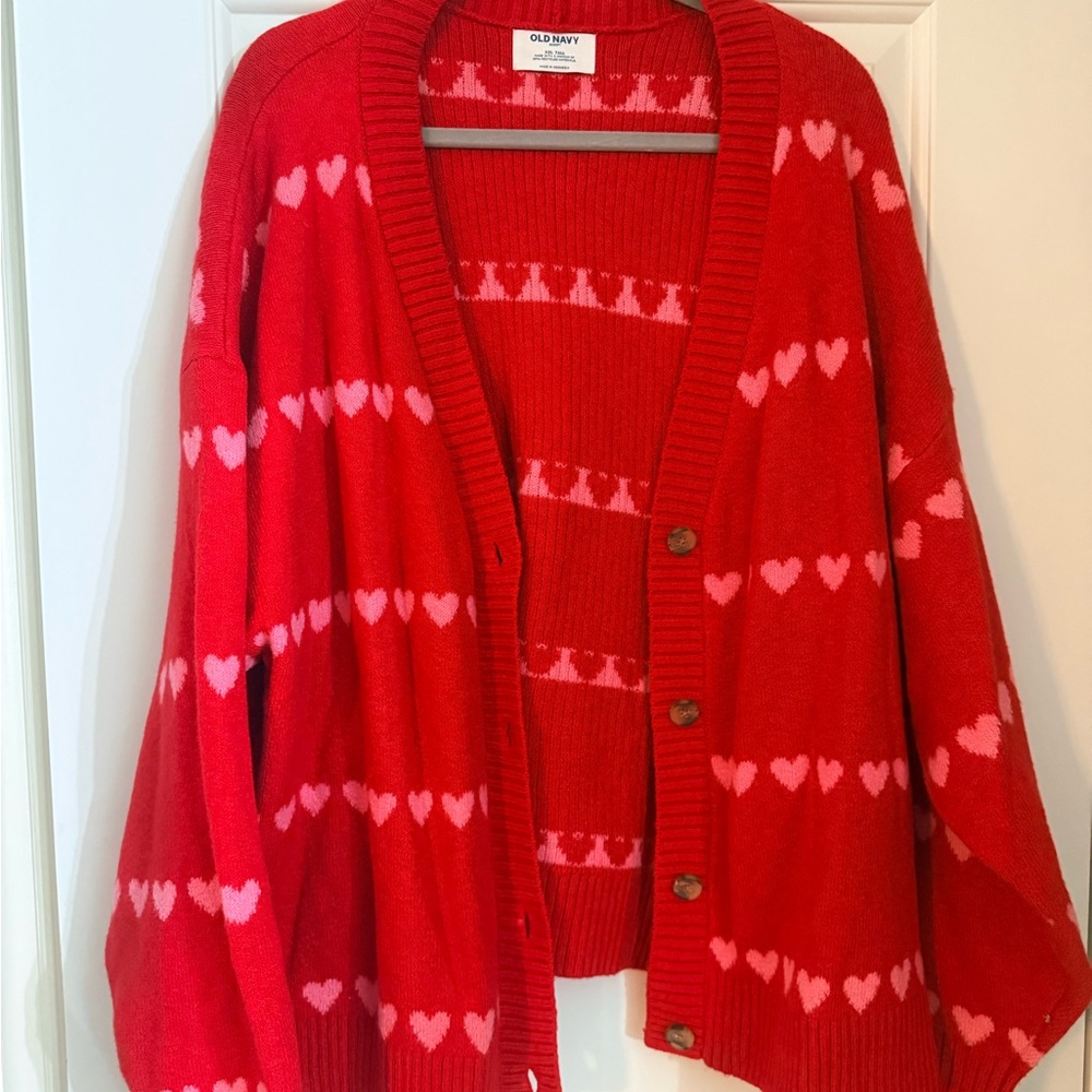 Old Navy Red Cardigan with Pink Heart Pattern